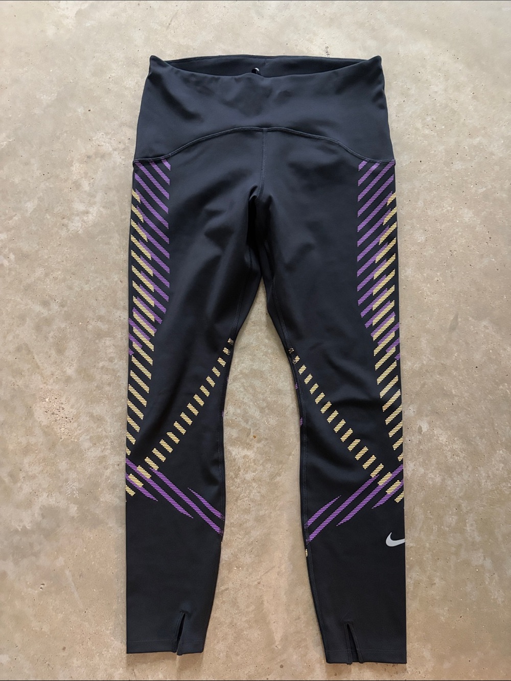 Nike Dri Fit Black Leggings with Purple and Gold Diagonal Design
